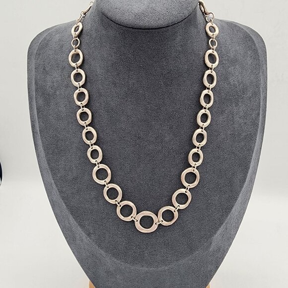 Brushed Frosty Silver-Tone Hammered Circle Chain Chunky Link Adjustable Necklace - Picture 1 of 5